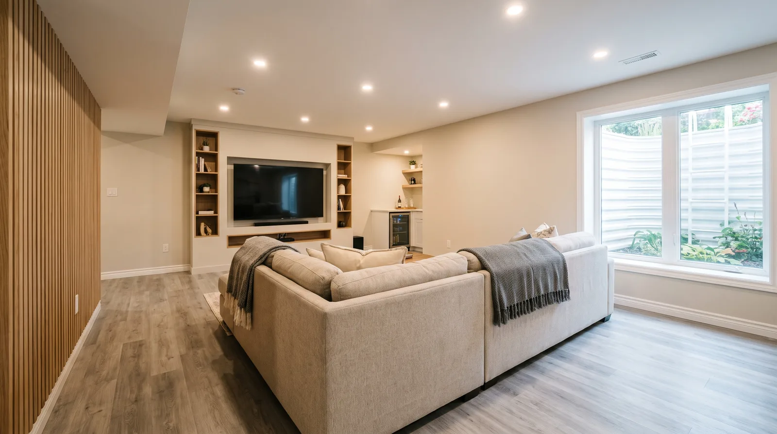 Finished basement renovation with vinyl plank flooring, pot lights and egress window