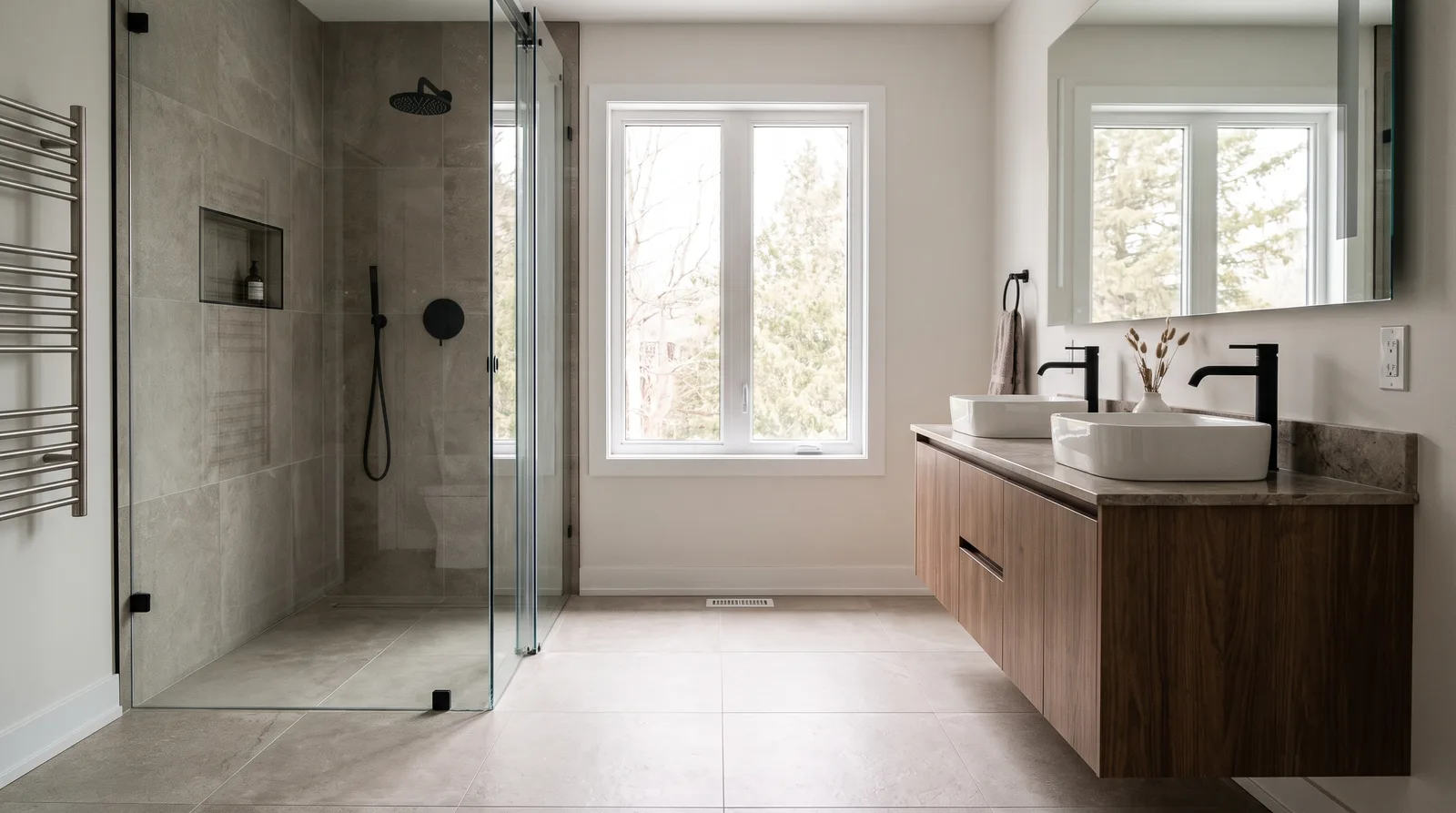 Renovated walk-in shower bathroom with floating vanity in a Brantford home