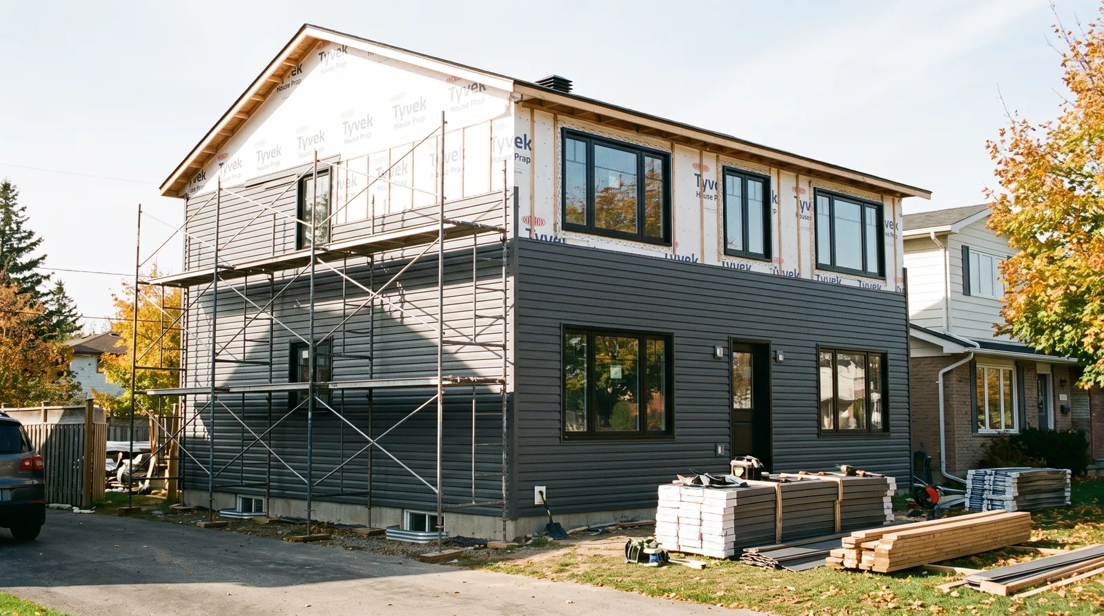 Exterior renovation in progress with new siding and black-frame windows in Brantford
