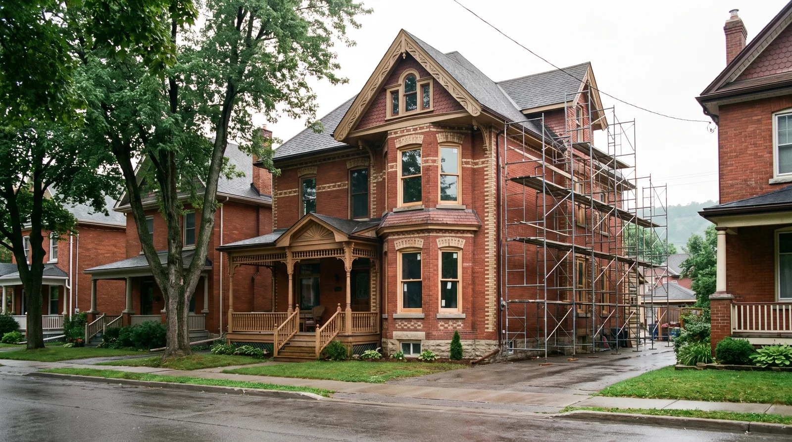 Red brick Victorian home under renovation on a Hamilton street with the escarpment beyond