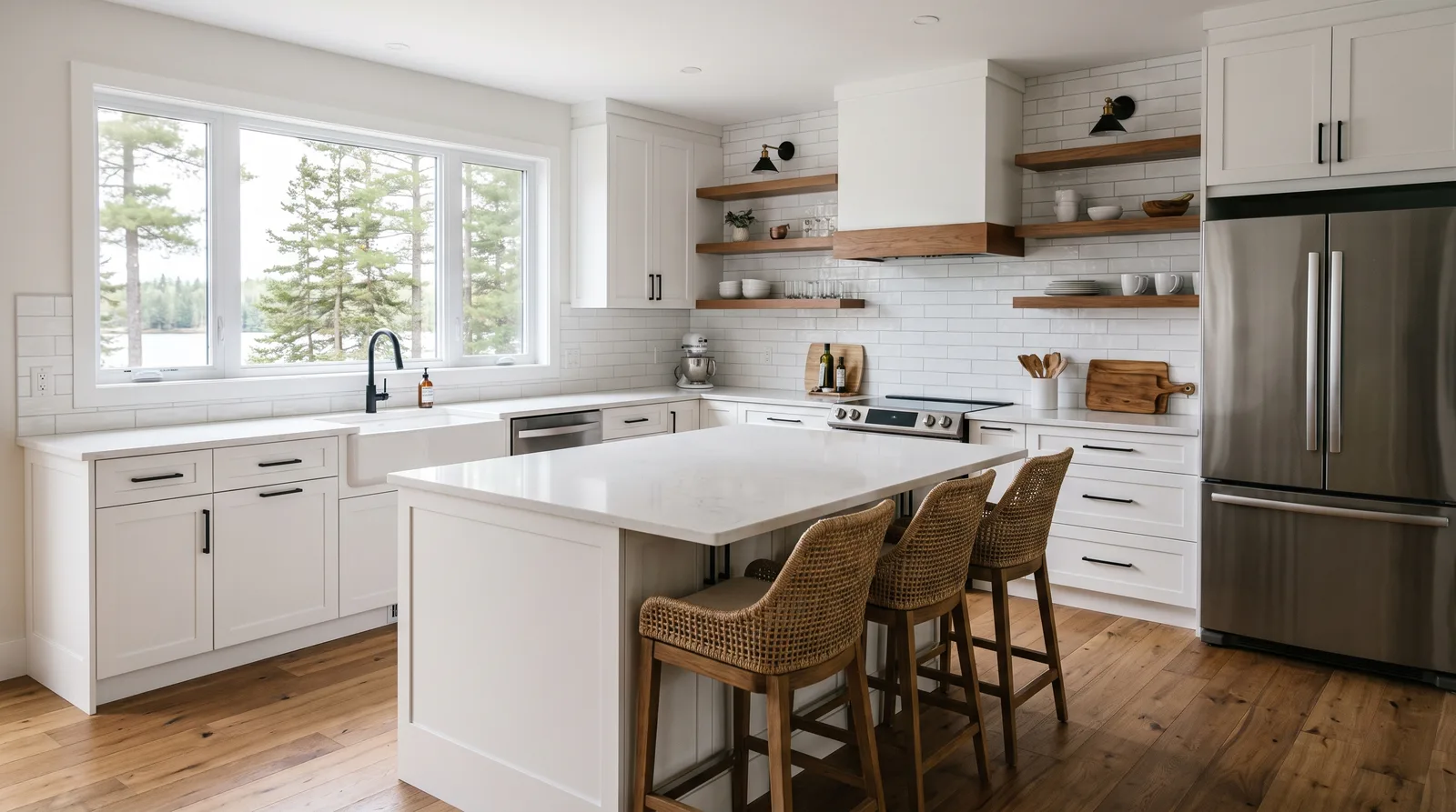 Renovated white shaker kitchen with quartz island in a Brantford home